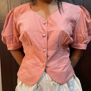 Peach Puff Sleeve Button-Up Top