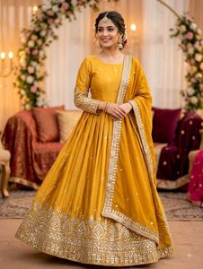 Exquisite Yellow Embroidered  gawn Set