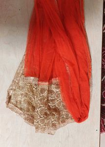 Orange Net Dupatta with Gold Detail