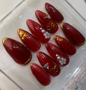 Red &amp; Gold Press On Nail Set with Gems