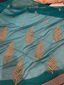 Teal &amp; Gold Leaf Saree