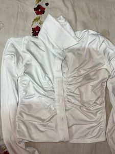 Chic Ruched White Button-Up Shirt
