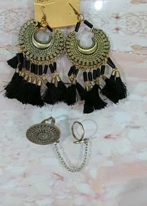 Boho Tassel Earrings & Double Ring Set
