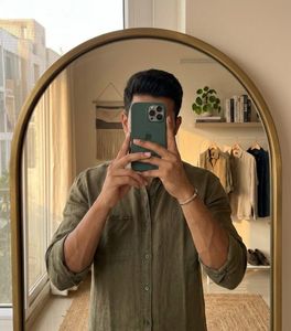 Olive Green Band Collar Linen Shirt