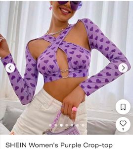 Purple Heart Print Crisscross Crop Top