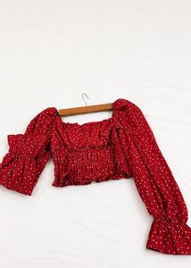 Red Polka Dot Smocked Square Neck Top