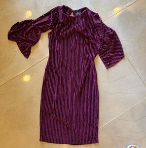 Velvet Maroon Striped Dress With Beads
