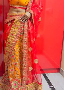 Exquisite Yellow &amp; Red Embroidered Lehenga Choli