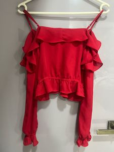 Chic Red Ruffle Cold Shoulder Top