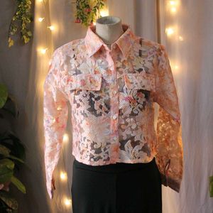 Sheer Floral Print Button-Up Shirt
