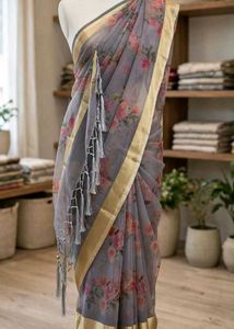 Elegant Floral Grey Saree with Tassels