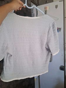 Light Blue Cropped Lace Trim Top
