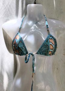 Stylish Teal Snake Print Bikini Top