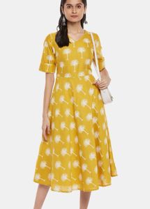 Yellow Palm Print Midi Dress