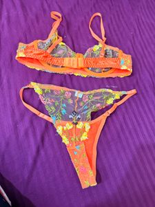 Embroidered Orange Bra and Panty Set