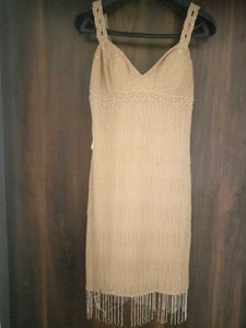 Eye-catching Beige Stap Dress Fully Loaded