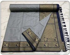 Elegant Grey Saree with Golden Zari Border