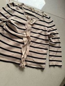 Striped Knit Cardigan with Ruffle Detail
