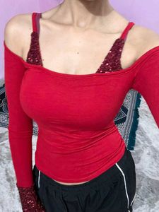Red Off-Shoulder Top with Sequins