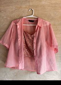 Pink Sequined Crop Top Co-ord Set
