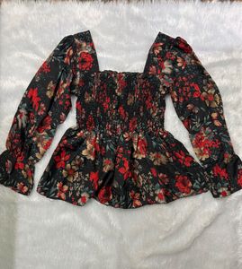 stylish black floral print peplum Top