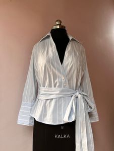Zara basic pinstripe wrap shirt