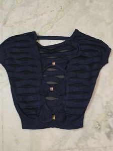 Stylish Blue Cut-Out Knit Top