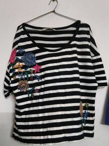Striped T-Shirt with Floral Embroidery