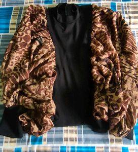 Chic Black Top with Animal Print Sleeves