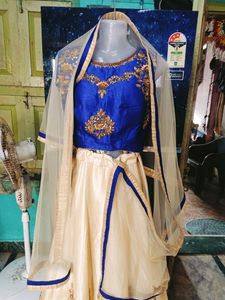 Blue &amp; Beige Embroidered Lehenga Choli