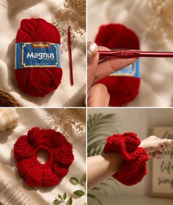Handmade Red Crochet Flower Scrunchie