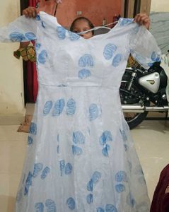Elegant White &amp; Blue Floral Gown