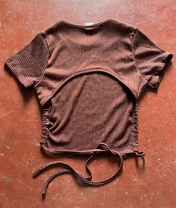 Brown Ribbed Ruched Crop Top