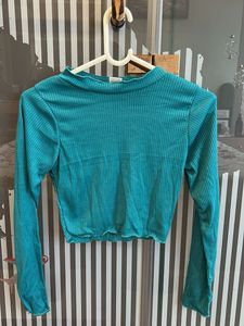 Teal Ribbed Mock Neck Crop Top