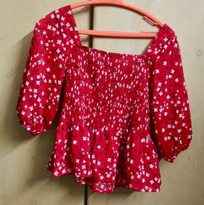 Red Floral Smocked Square Neck Top