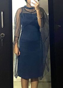 Navy Blue Sheer Sleeve Embellished Dress