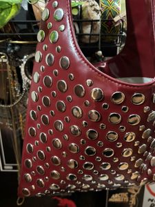 Studded Maroon Hobo Bag