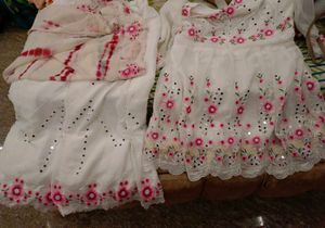 Mirror Work Elegant White Kurta Set with Pink