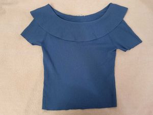 Blue Off-Shoulder Ribbed Top