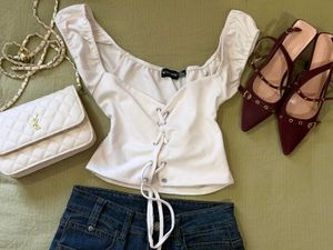 White Lace-Up Off-Shoulder Top