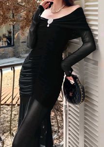Black Off-Shoulder Ruched Mesh Dress