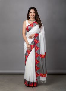 Elegant White Saree with Colorful Border