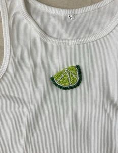 White Ribbed Ibiza Crop Top with Lime embroidery