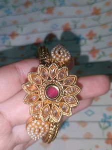 Elegant Floral Gold-Tone Kada with Pearl &amp; Stone