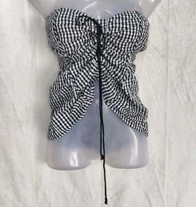 Gingham Lace-Up Tube Top y2k