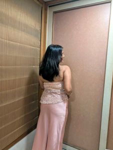 savana Sequined Strapless top with a pink skirt