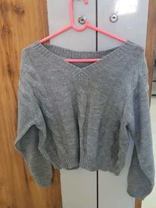 Grey Cable Knit V-Neck Off Shoulder  Sweater