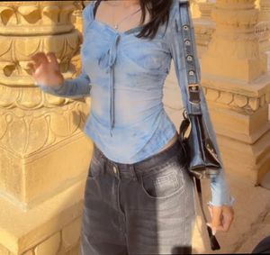 Blue Tie-Front Mesh Top