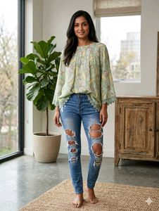 Distressed Blue Denim Jeans with top