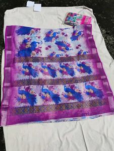 Beautiful Peacock Saree LINEN DIGITAL PRINT